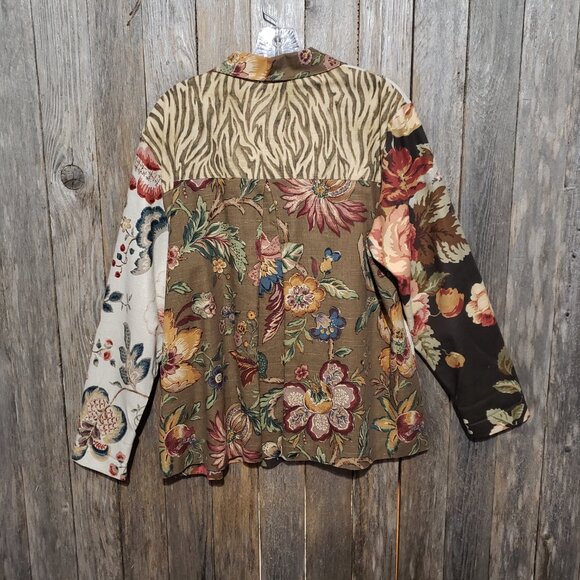 Cactus Flower L Jacket Blazer Brown Cream Floral Colorblock Patchwork Women's - Picture 4 of 7